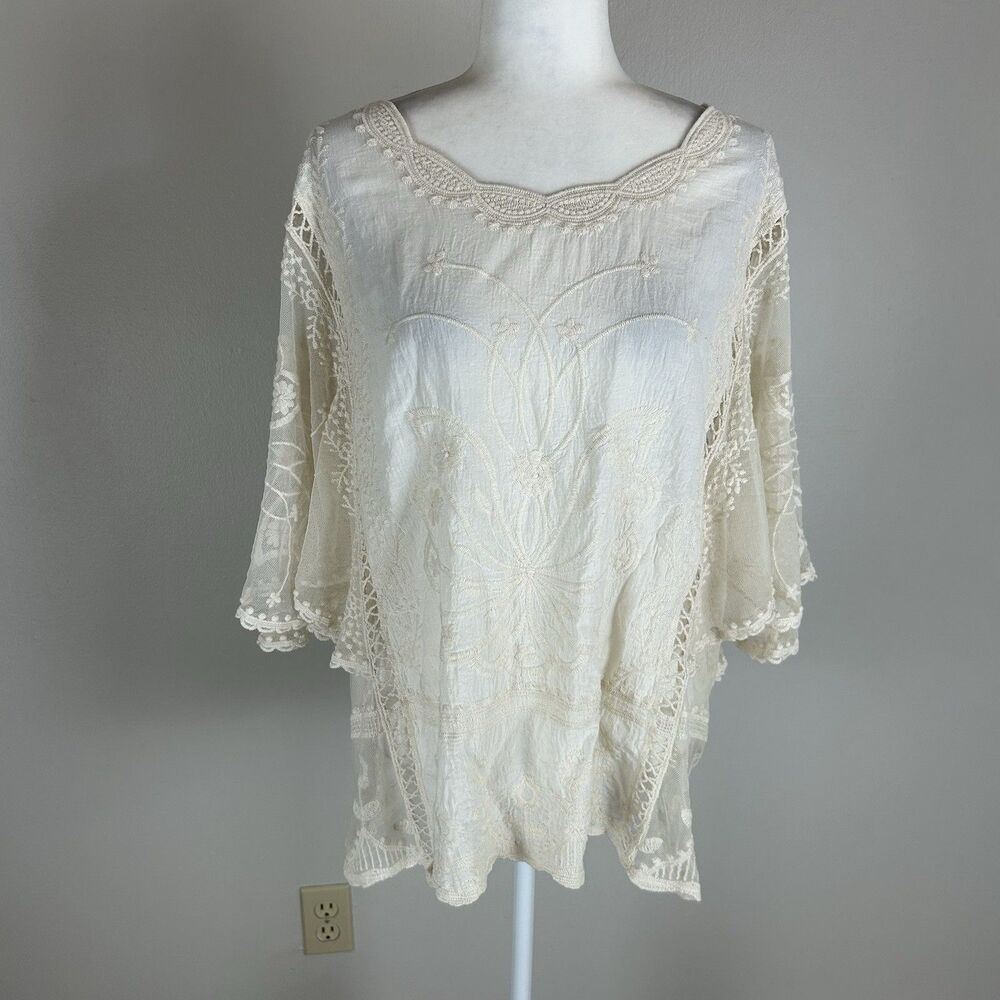 XL White Butterfly Top Ivory Blouse Tunic Cover Up Lace Embroidered Romantic